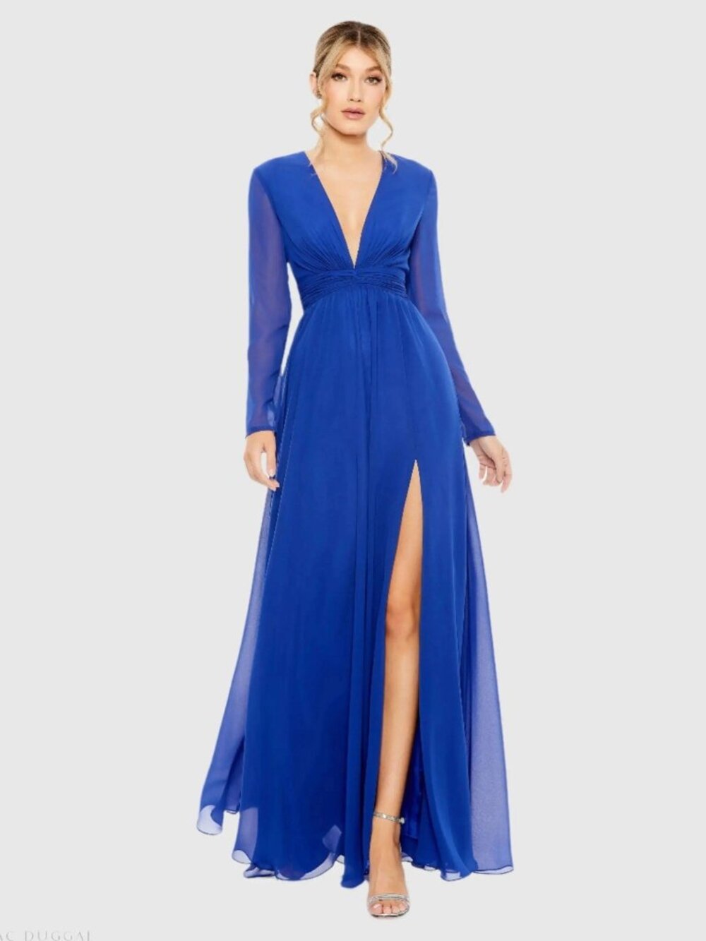 Mac Duggal Size 16 Blue 55680 V-Neck Front Twist Long Sleeve Maxi Gown Dress